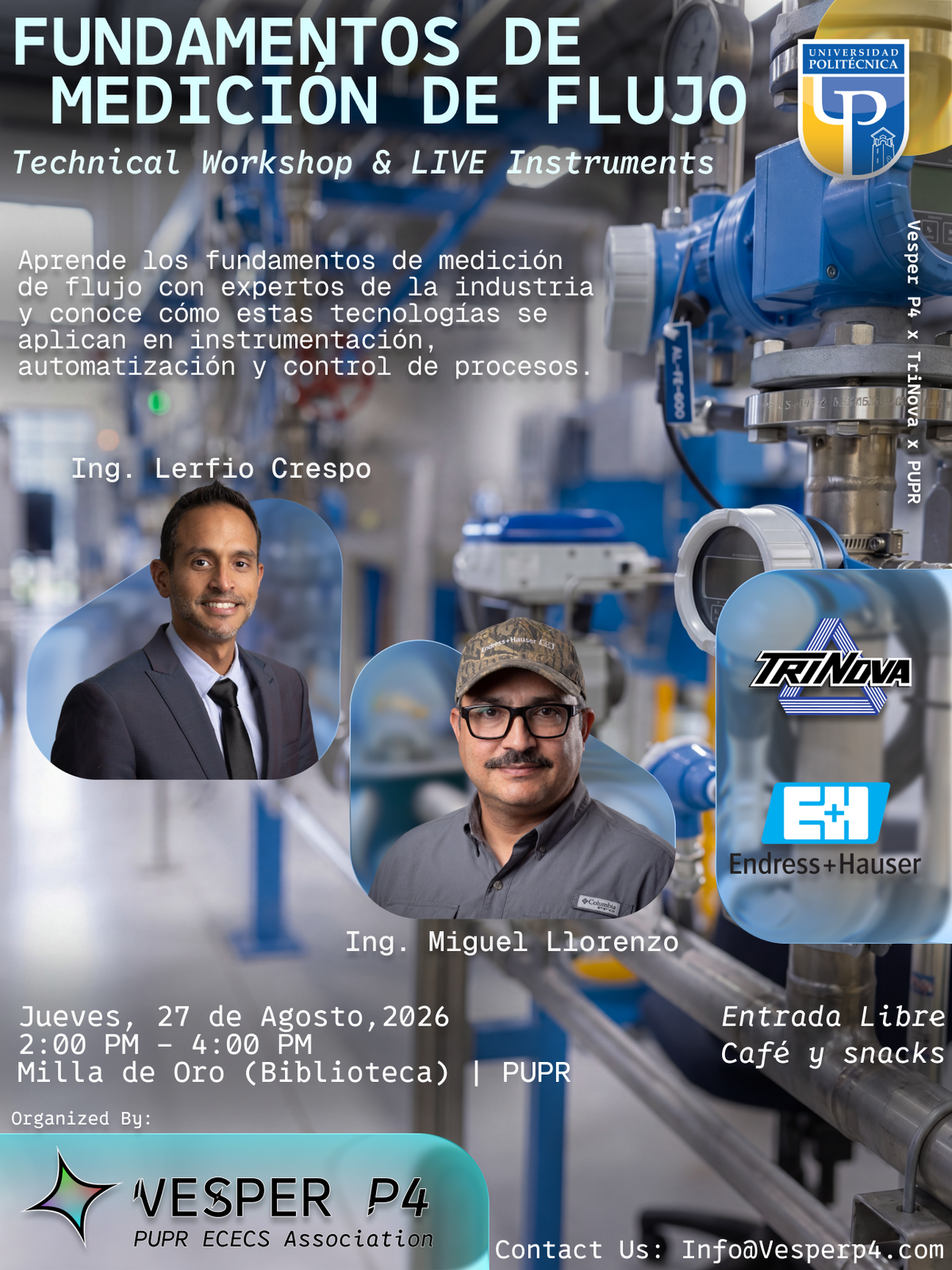 Afiche del taller Fundamentos de Medición de Flujo con TriNova y Endress+Hauser, 27 de agosto de 2026
