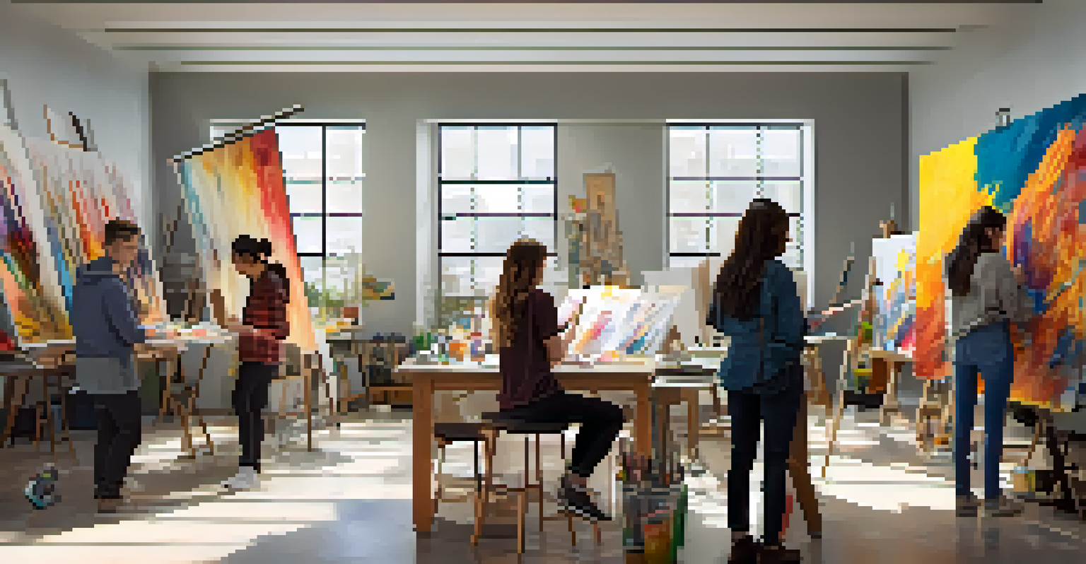 Students collaborating on an art project in a bright workspace at the California College of the Arts, surrounded by art supplies and vibrant artwork.