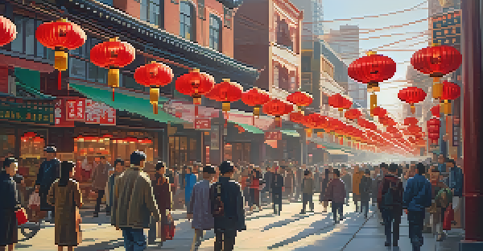 A lively street in Chinatown, with colorful lanterns, diverse people, and traditional architecture under warm sunlight.
