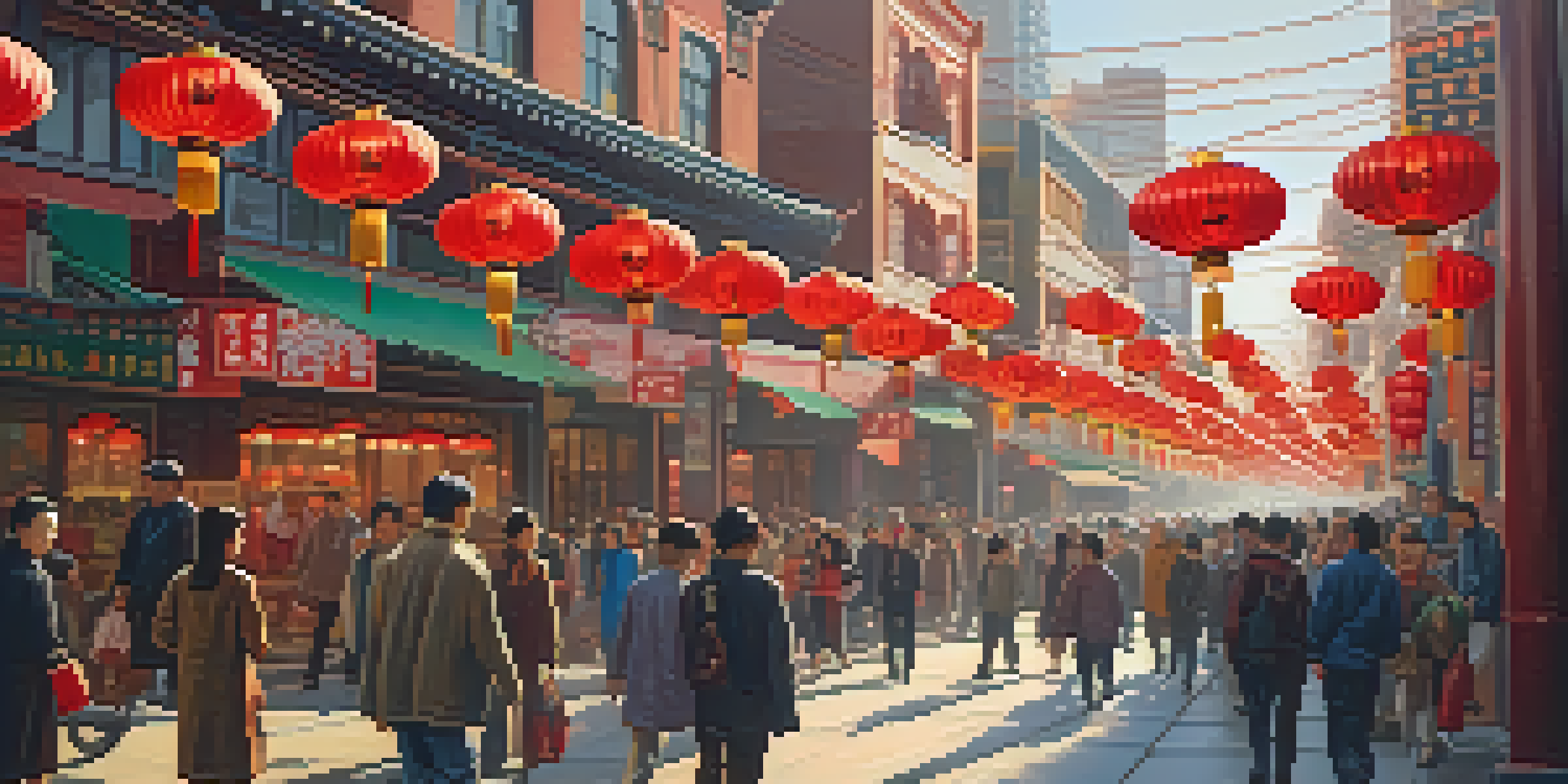 A lively street in Chinatown, with colorful lanterns, diverse people, and traditional architecture under warm sunlight.