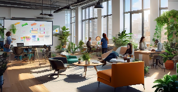A vibrant startup office in San Francisco with diverse workers collaborating, bright windows, and modern decor.