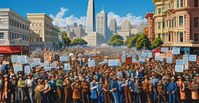 A diverse group of workers in mid-19th century San Francisco protesting for fair wages, with banners and the city skyline in the background.