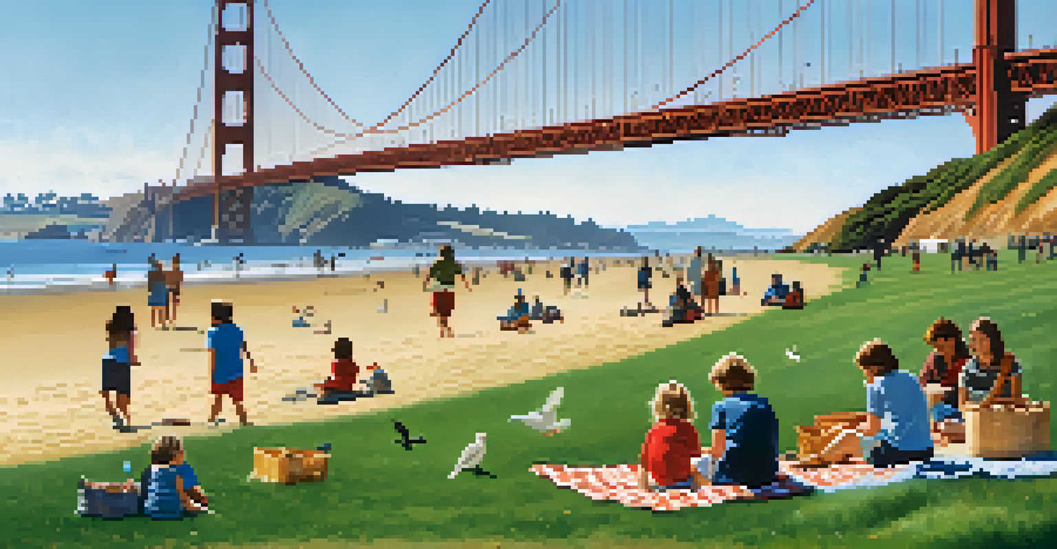 Families enjoying a sunny day at Crissy Field with the Golden Gate Bridge in the background.