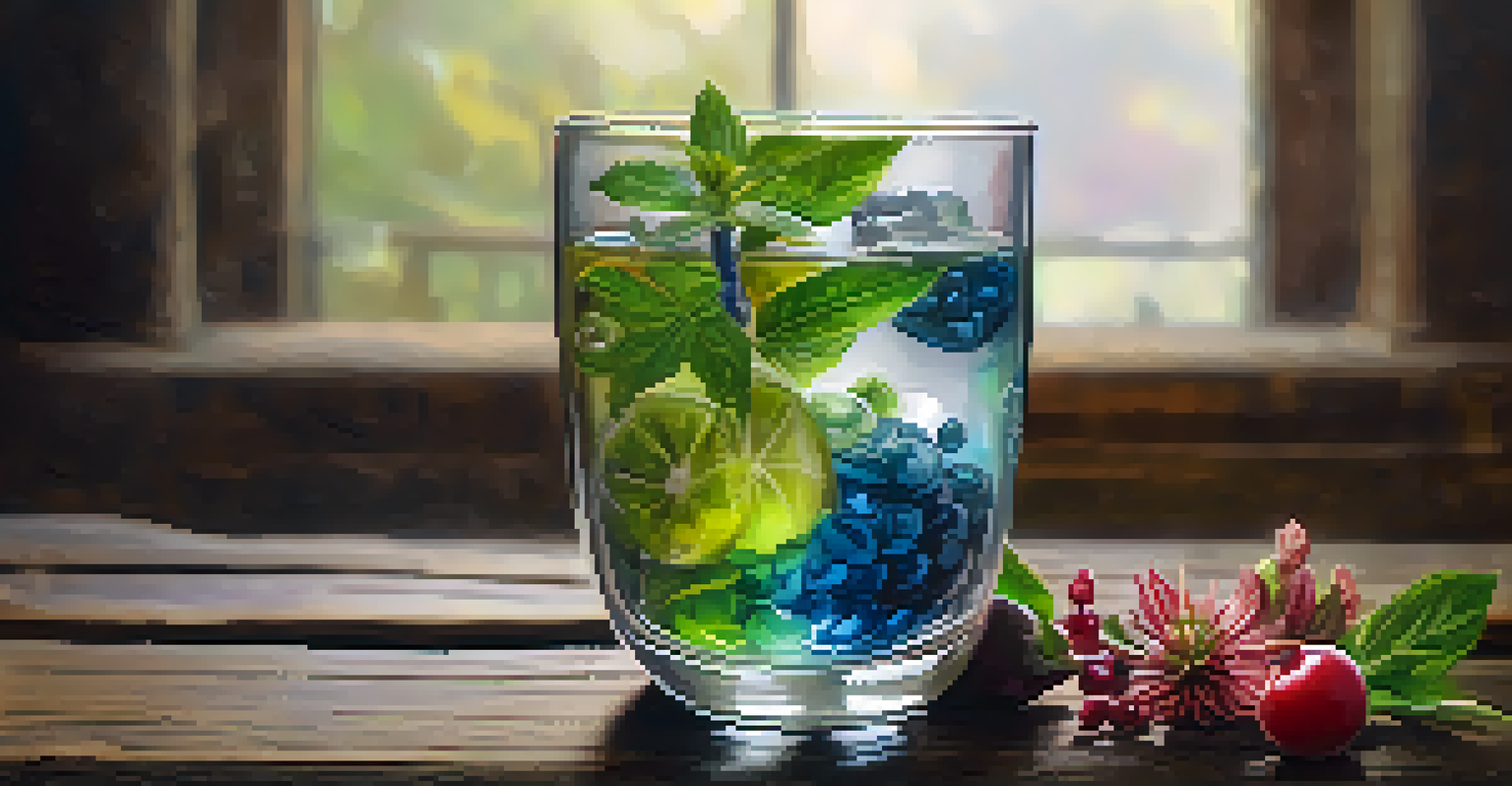 A close-up of a glass of handcrafted spirit on a wooden table, surrounded by botanicals and grains, with soft lighting highlighting its color.