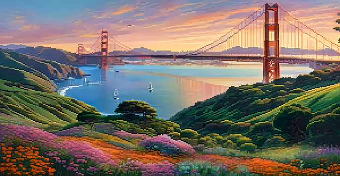 A stunning sunset view of the Golden Gate Bridge with colorful skies and sailboats on the bay.