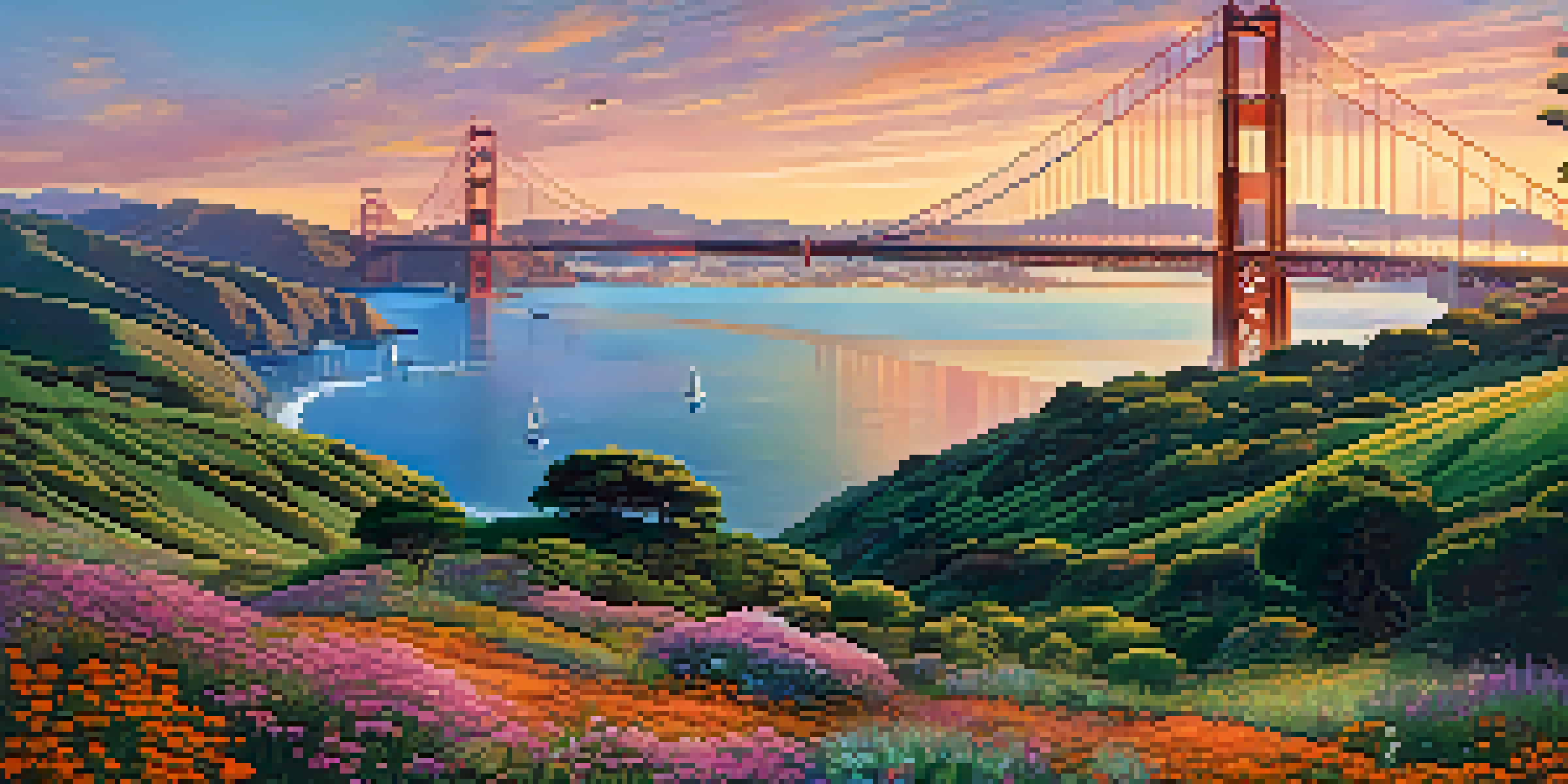 A stunning sunset view of the Golden Gate Bridge with colorful skies and sailboats on the bay.