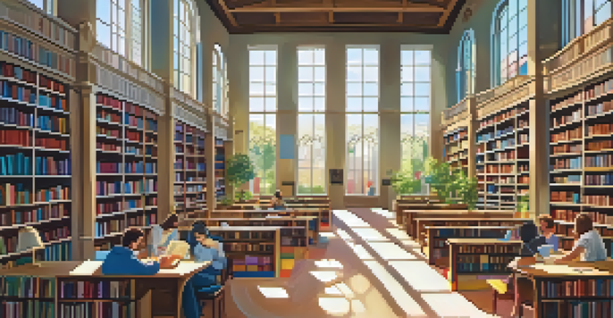 A colorful library with bookshelves, sunlight streaming in, and diverse individuals reading and studying in a cozy nook.