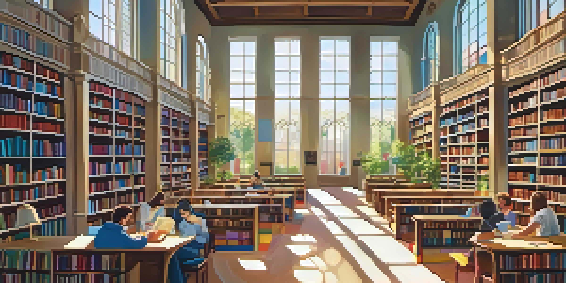 A colorful library with bookshelves, sunlight streaming in, and diverse individuals reading and studying in a cozy nook.