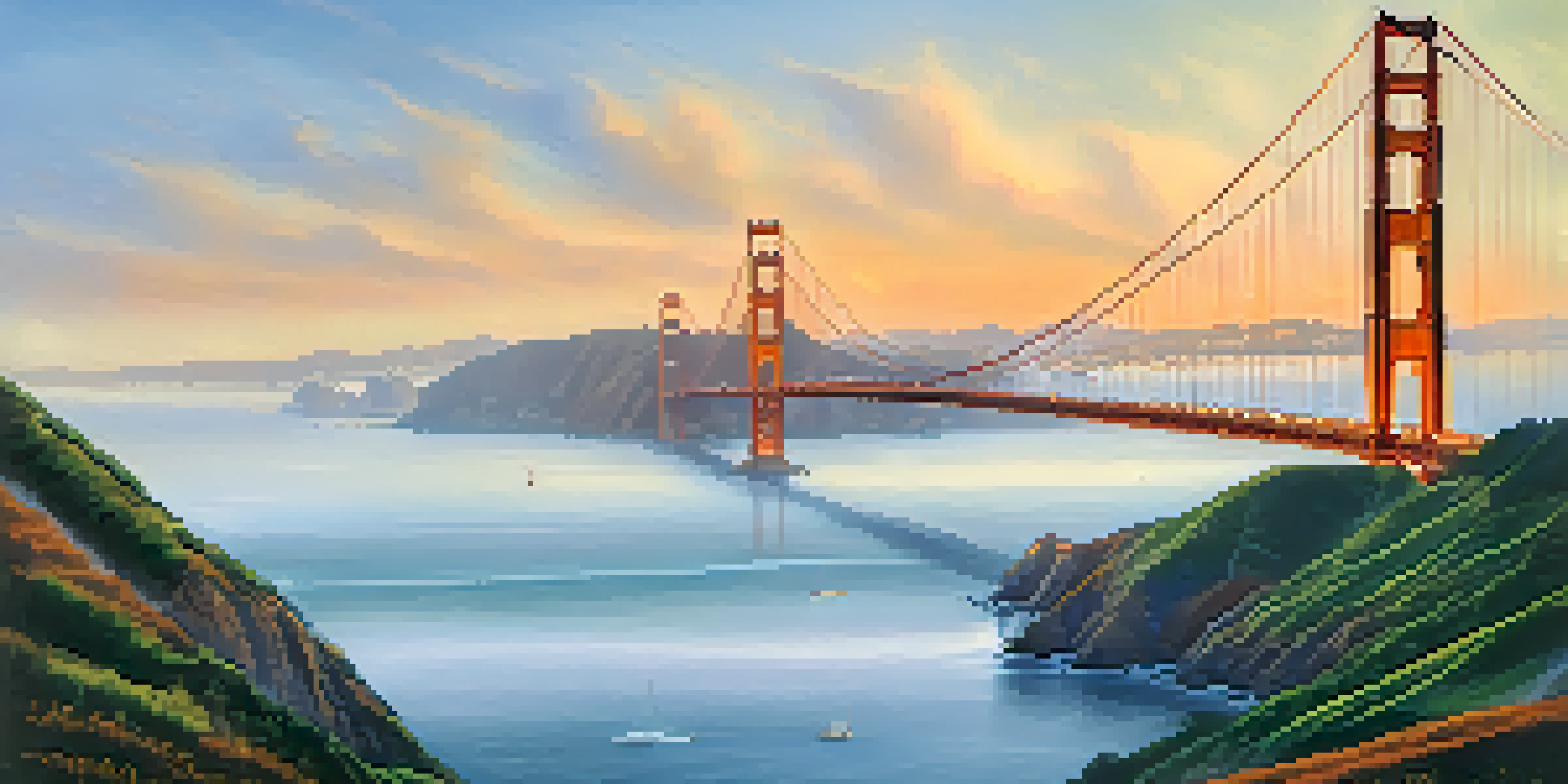A view of the Golden Gate Bridge covered in mist, with sailboats in the bay and green hills in the background.
