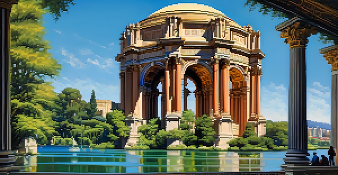 A detailed view of the Palace of Fine Arts Theatre with ornate columns and a lagoon reflecting the architecture, under a clear blue sky.
