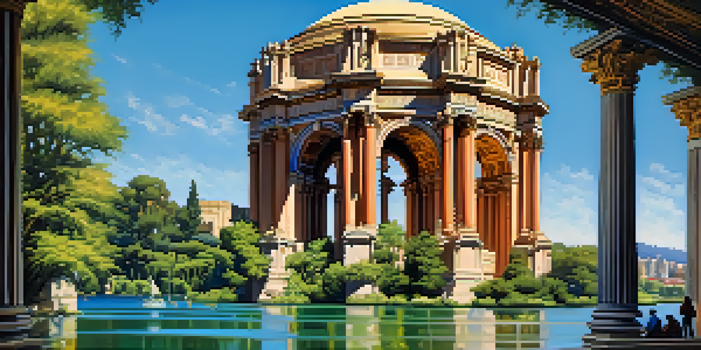 A detailed view of the Palace of Fine Arts Theatre with ornate columns and a lagoon reflecting the architecture, under a clear blue sky.