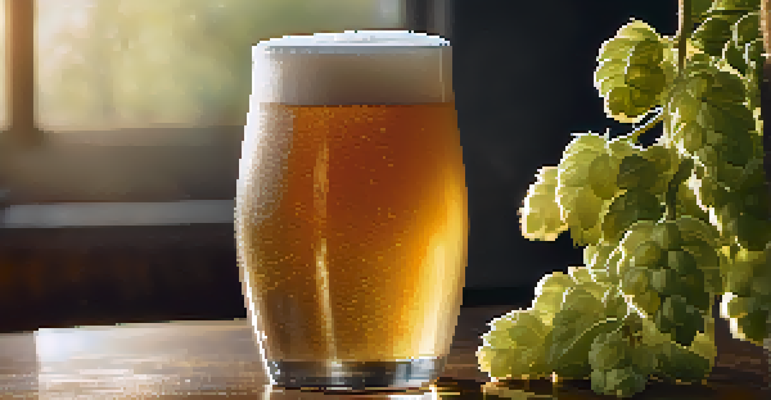 A close-up of a frosty glass of West Coast IPA with fresh hops and grains in the background, illuminated by sunlight.