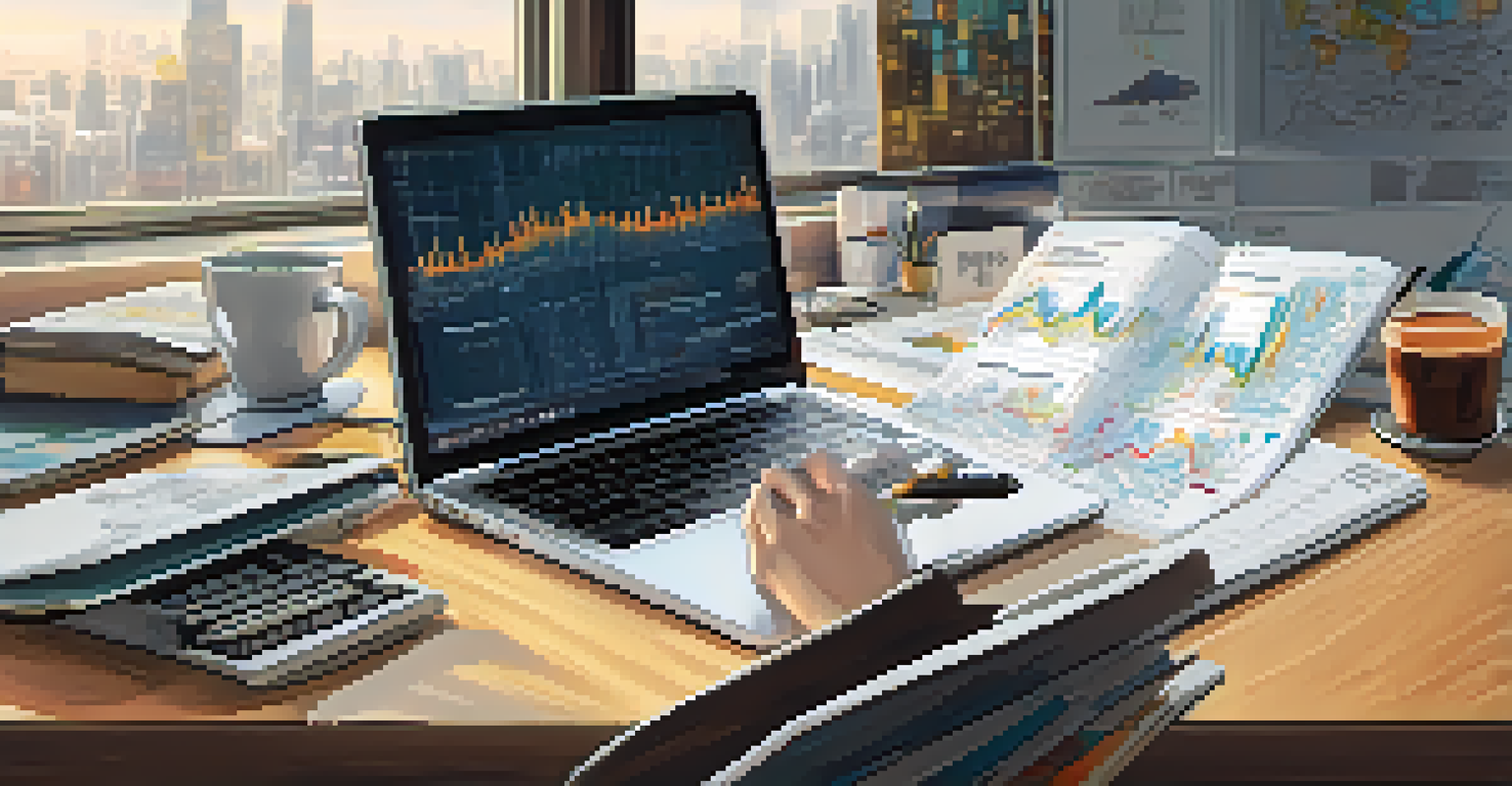 Close-up of hands typing on a laptop with graphs and data visualizations, surrounded by notebooks and coffee cups.