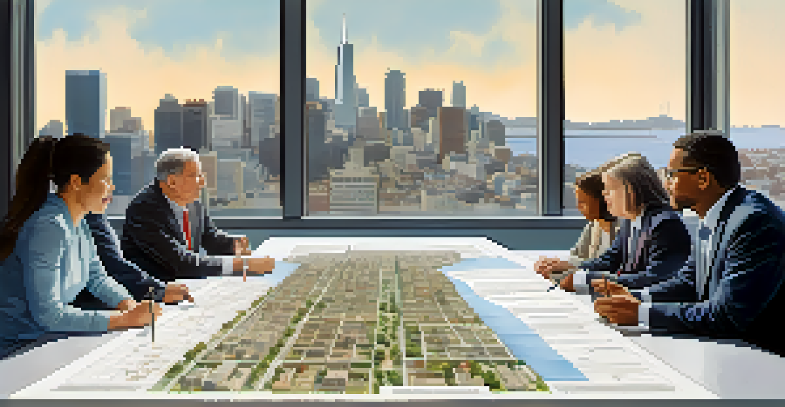 A meeting room with city officials and developers discussing affordable housing plans, featuring blueprints and a view of the skyline.