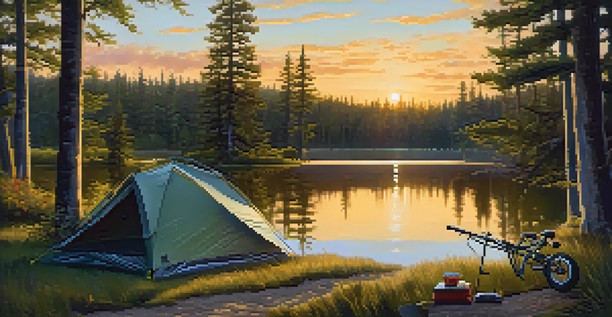 A peaceful camping scene with a tent by a lake at sunset, a bicycle nearby.