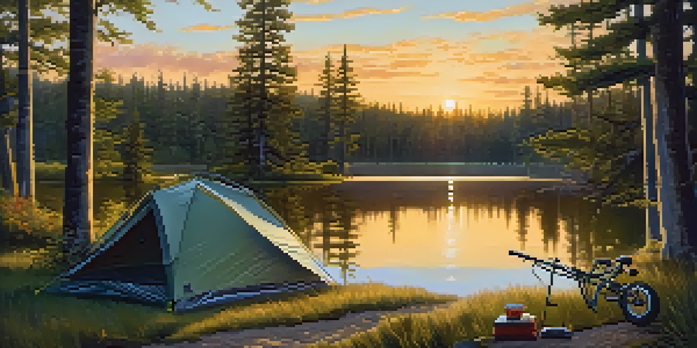 A peaceful camping scene with a tent by a lake at sunset, a bicycle nearby.