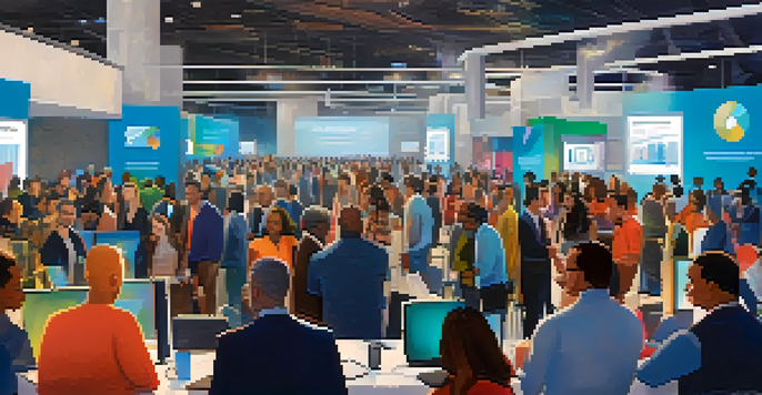 A lively tech conference with a diverse group of attendees networking and discussing ideas in a brightly lit venue.
