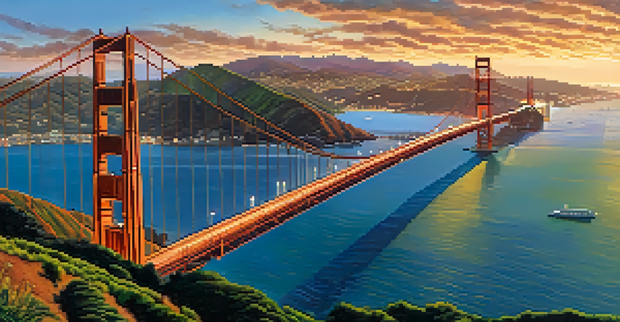 A breathtaking view of the Golden Gate Bridge at sunrise, with warm colors illuminating the sky and the bay.