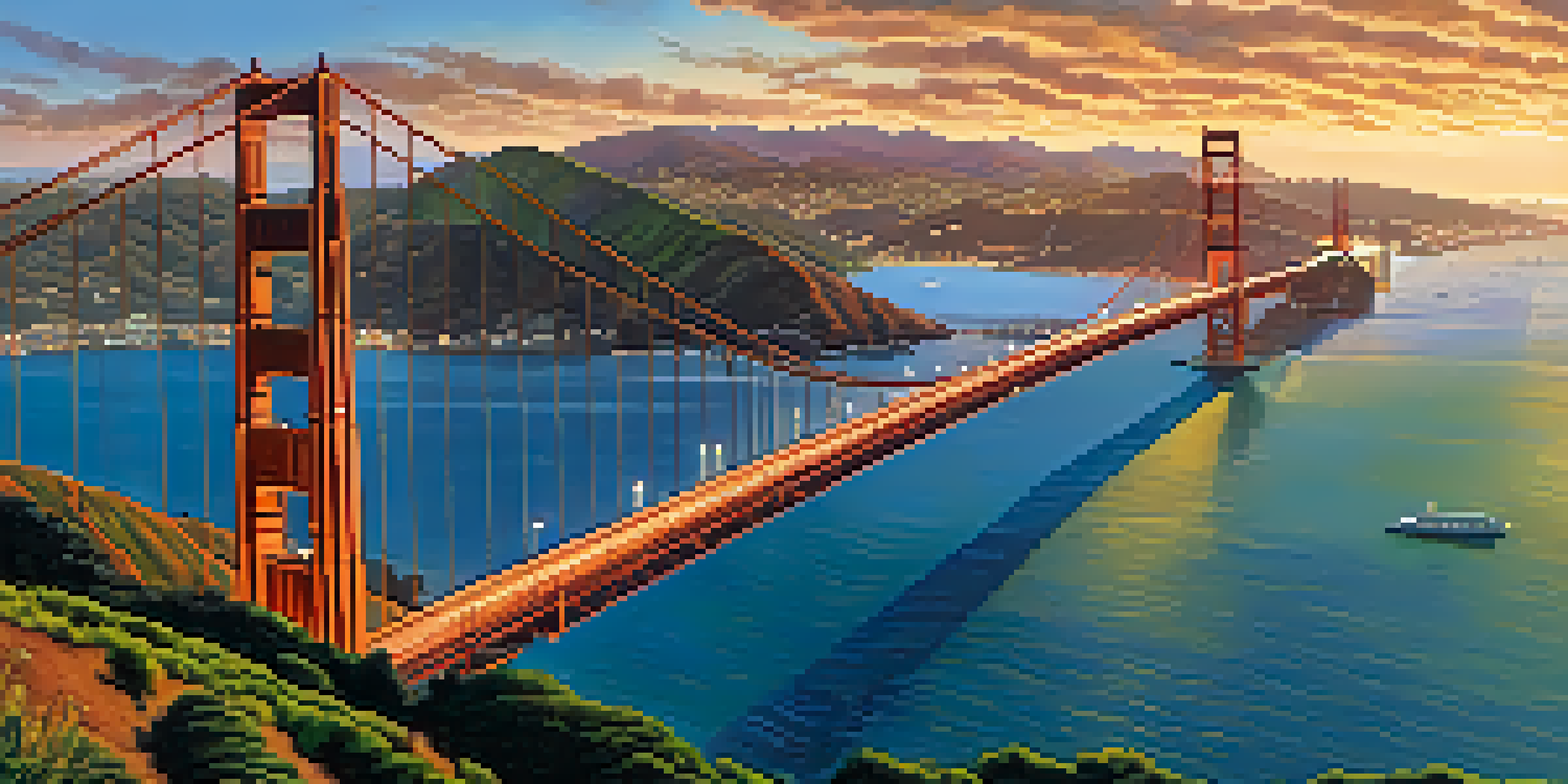 A breathtaking view of the Golden Gate Bridge at sunrise, with warm colors illuminating the sky and the bay.