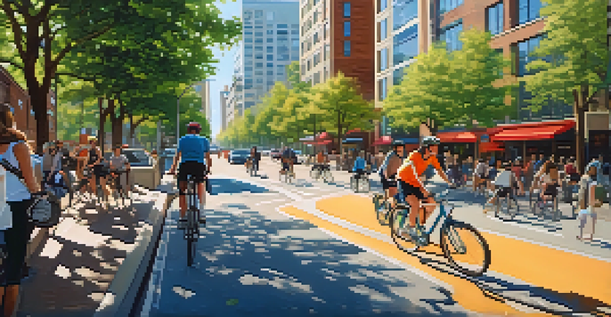 A lively urban street with cyclists in dedicated bike lanes, modern buildings, and trees, all illuminated by sunlight.