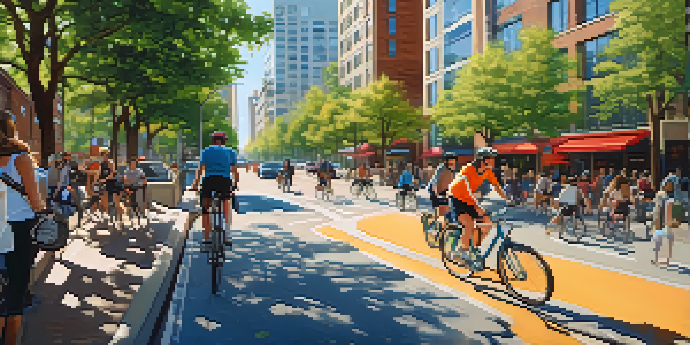 A lively urban street with cyclists in dedicated bike lanes, modern buildings, and trees, all illuminated by sunlight.