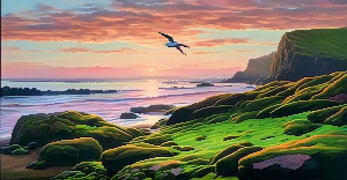 A peaceful coastal scene at sunrise with gentle waves, a colorful sky, and a seagull on a rock.