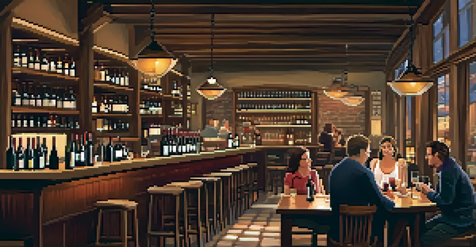 Interior of a cozy wine bar with wooden beams and dim lighting, patrons enjoying wine at tables.
