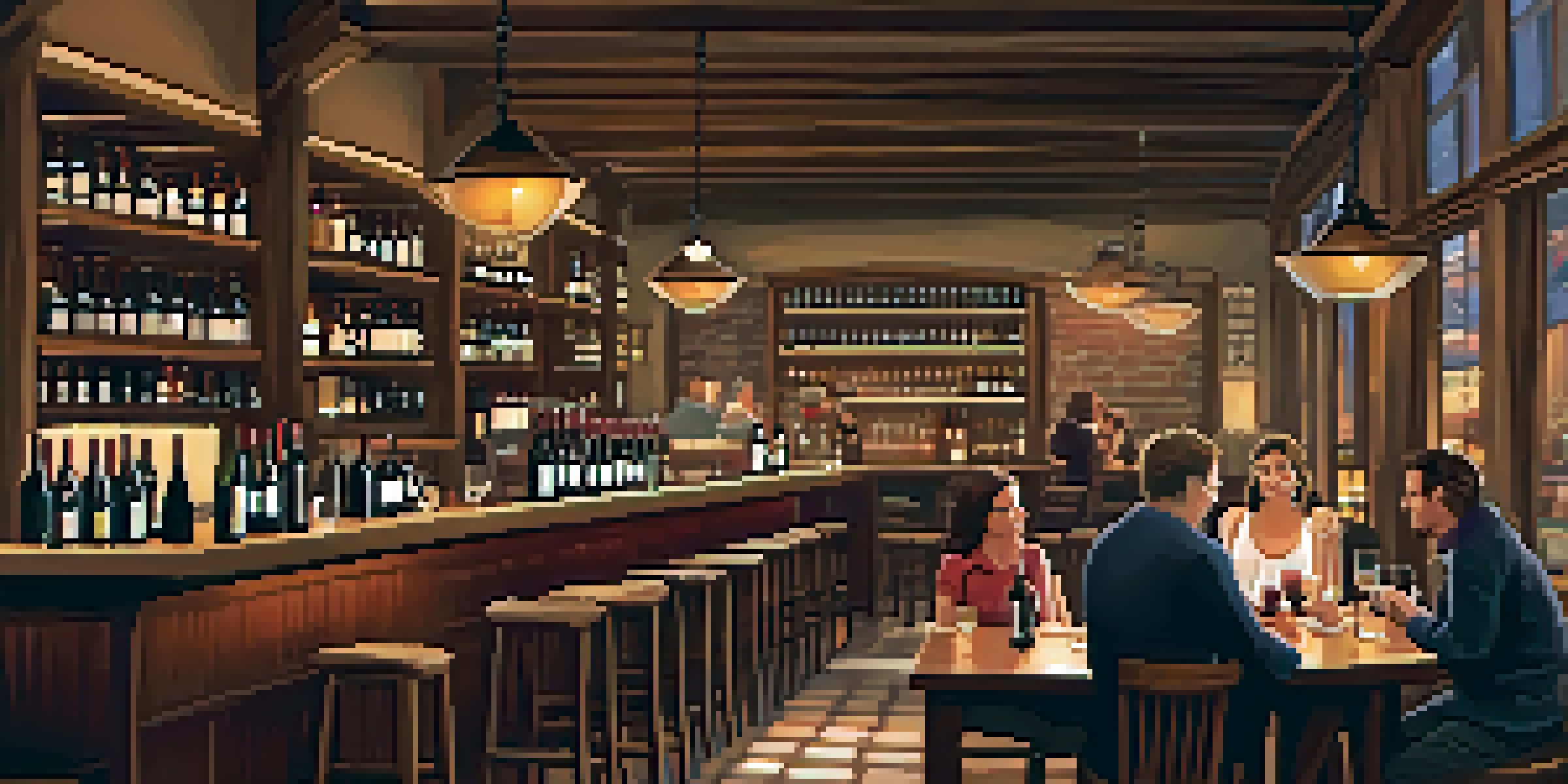 Interior of a cozy wine bar with wooden beams and dim lighting, patrons enjoying wine at tables.