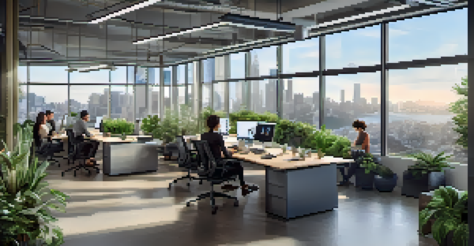 A modern tech office in San Francisco with employees collaborating over a digital whiteboard and a city view outside.