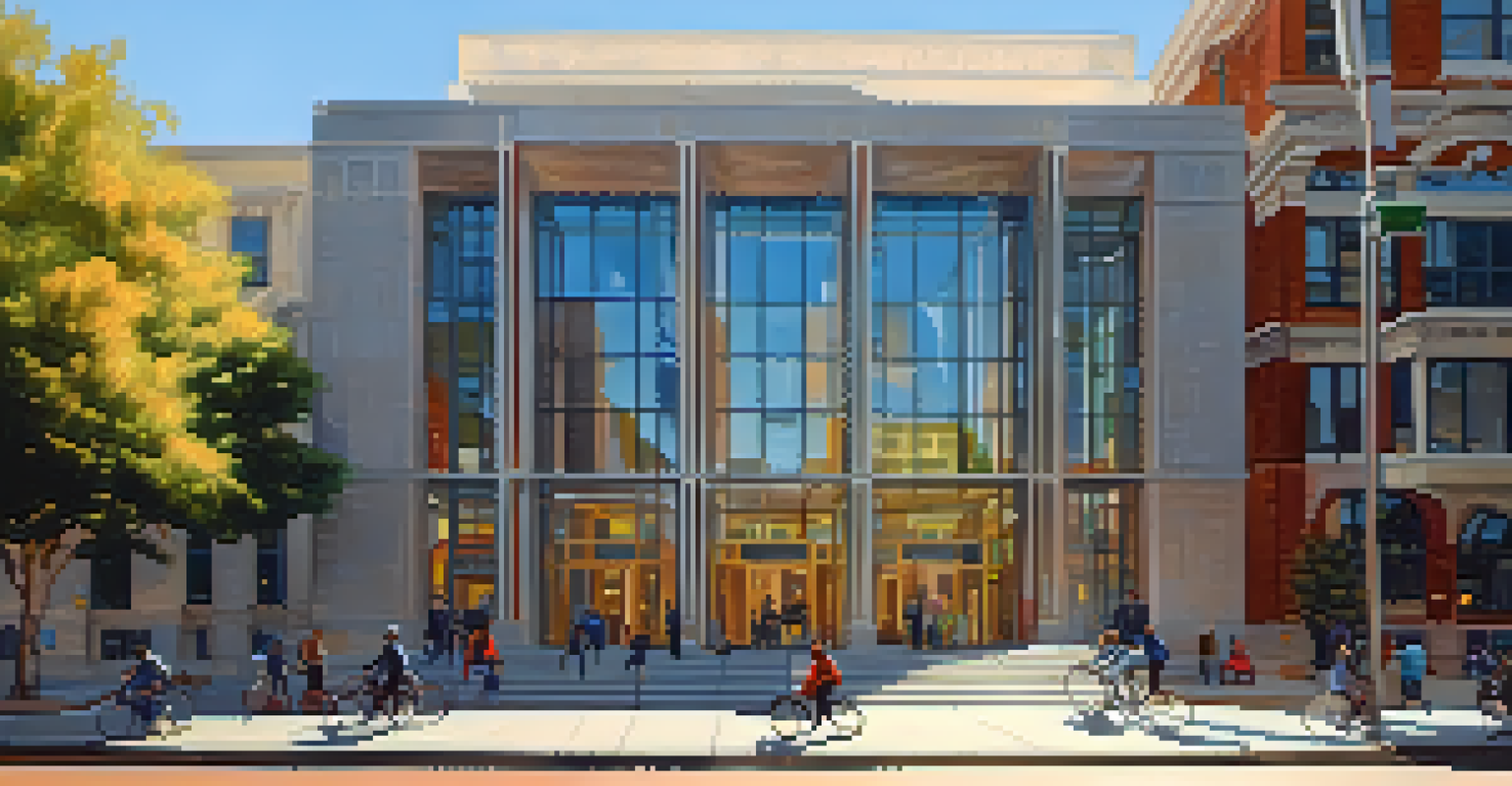 The exterior of a modern San Francisco Public Library branch with people and trees in the surrounding neighborhood.