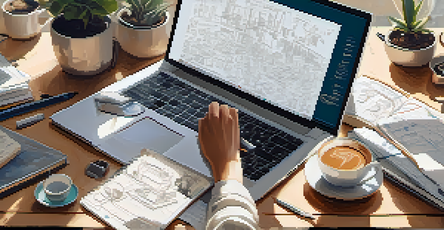 A close-up of hands typing on a laptop in a cozy workspace filled with sketches and coffee cups.