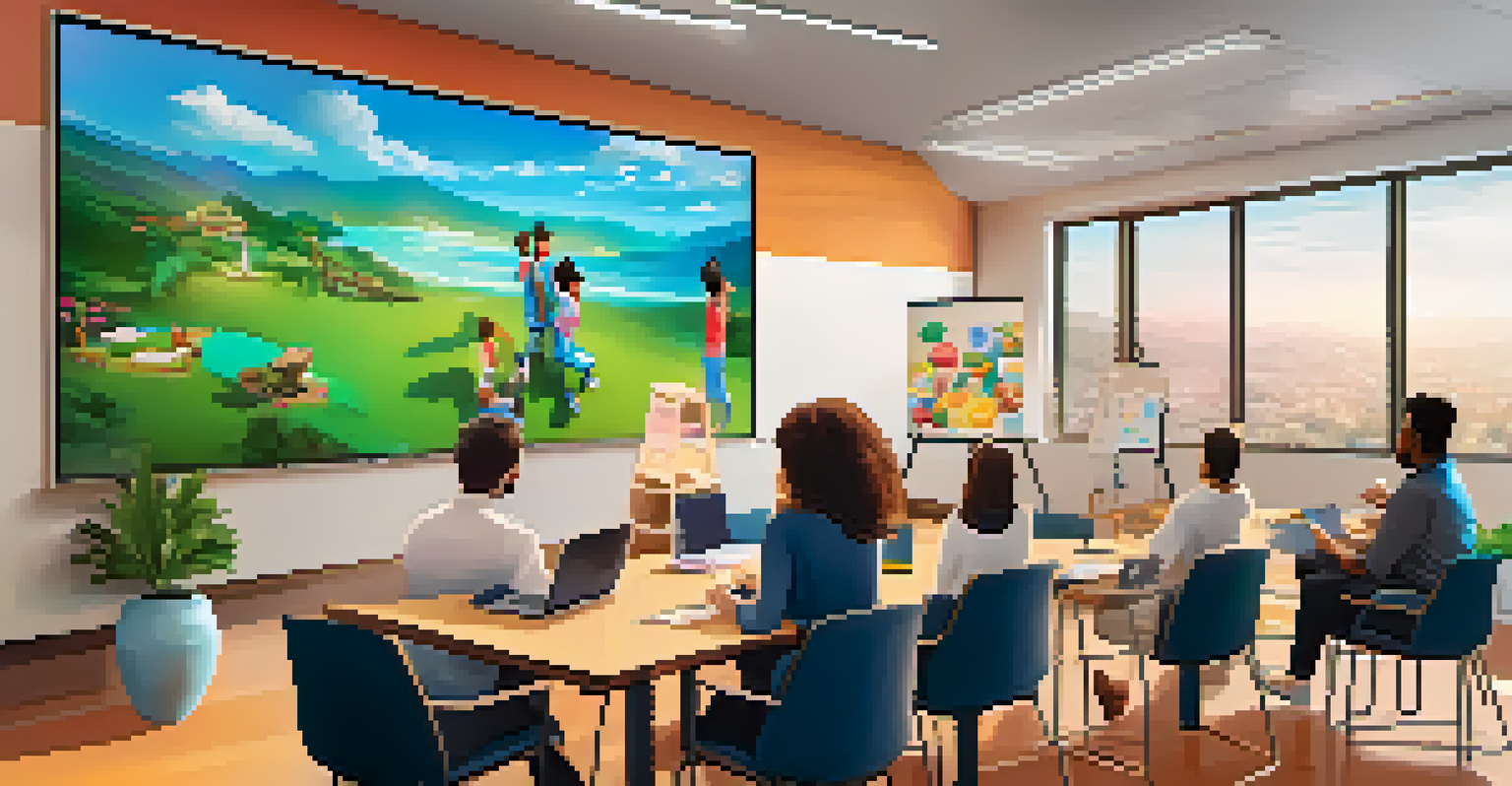 Participants engaged in a virtual team-building activity displayed on a large screen in a decorated conference room.