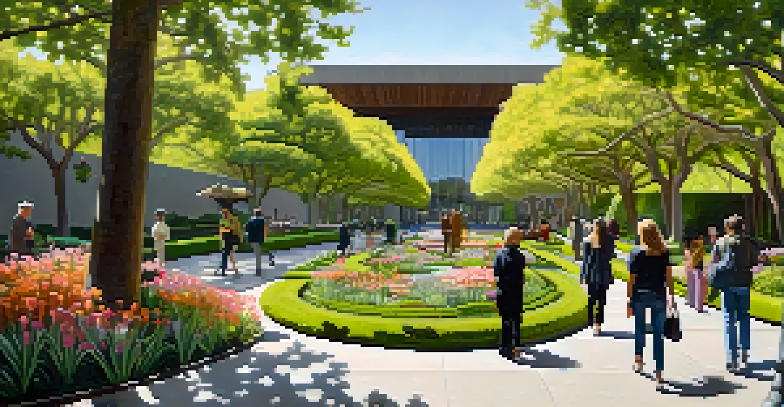 The outdoor garden of the de Young Museum with sculptures, blooming flowers, and the museum's architecture in the background, featuring visitors walking through the garden.