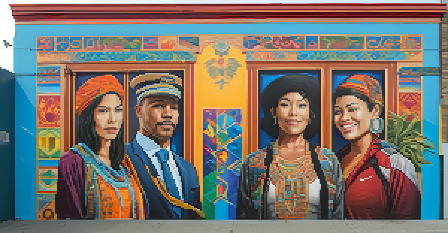 A colorful mural in San Francisco's Mission District showcasing diverse cultural symbols and characters.