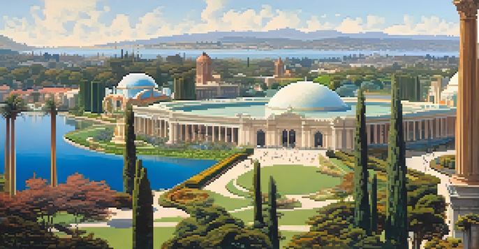A panoramic view of the 1915 Panama-Pacific International Exposition, showcasing the Palace of Fine Arts and lush gardens, with visitors enjoying the fair.