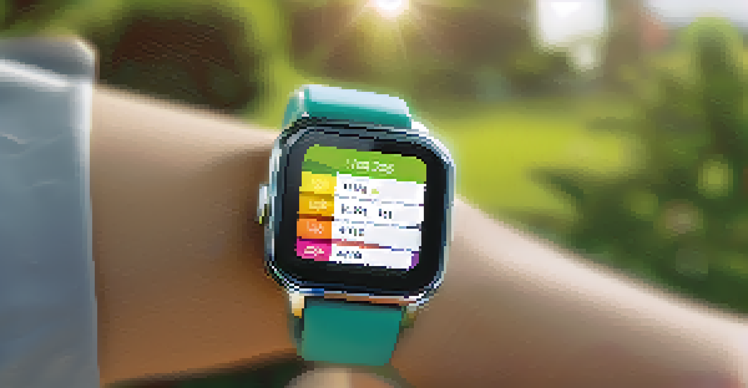 A close-up of a wearable health device on a wrist showing health metrics, with a blurred background of a park and people exercising.