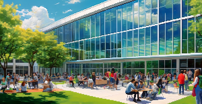 A lively university campus with students using laptops and collaborating outdoors in front of a modern building under a clear blue sky.