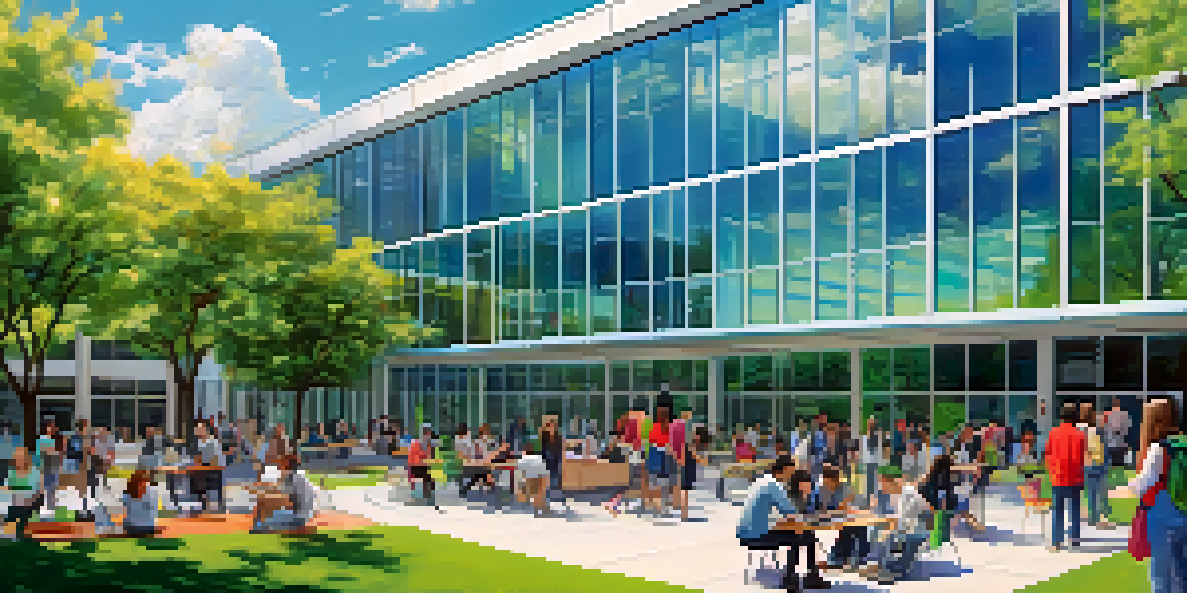 A lively university campus with students using laptops and collaborating outdoors in front of a modern building under a clear blue sky.