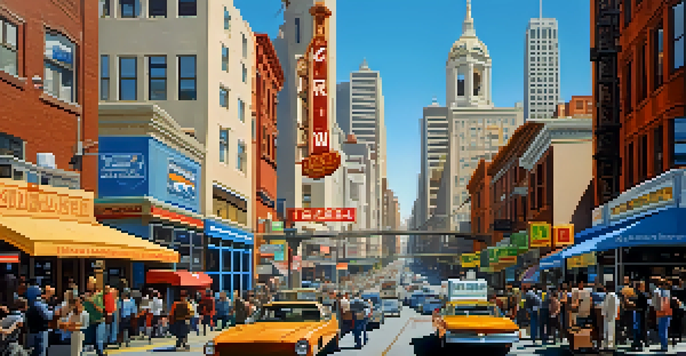 A lively San Francisco street with diverse professionals discussing, featuring tech company logos and the Golden Gate Bridge in the background.