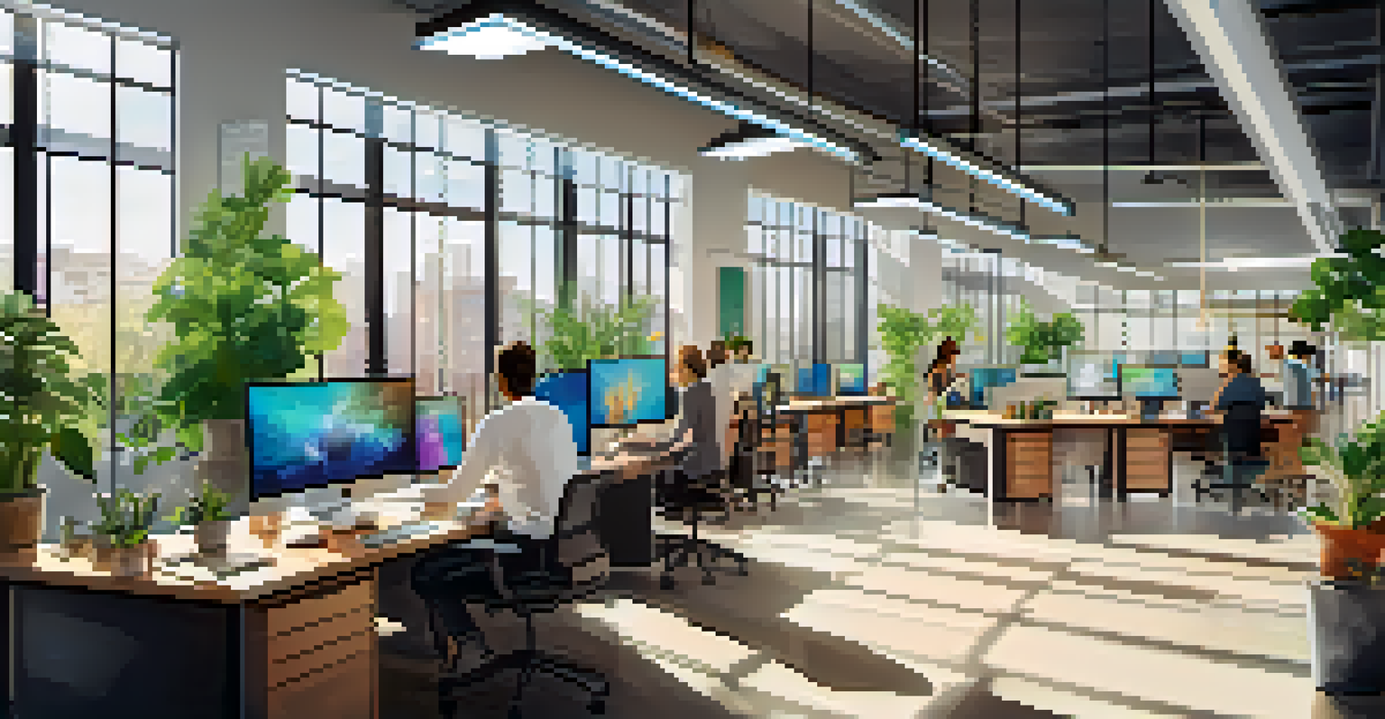 A bright and modern startup office interior with open spaces, vibrant furniture, and teams collaborating.