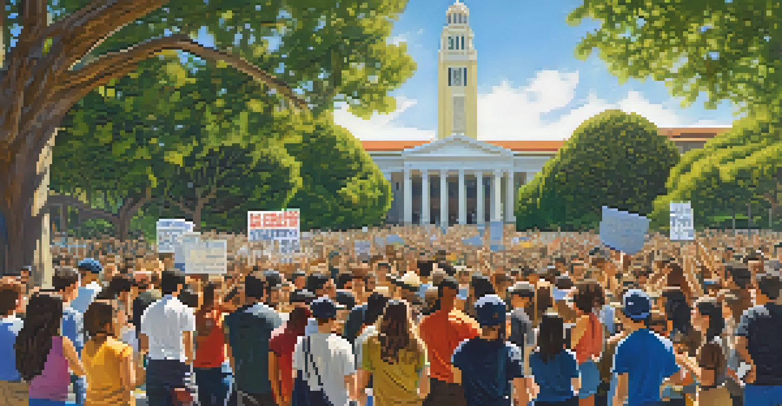 Students at UC Berkeley holding banners for the Free Speech Movement with the Campanile tower in the background.