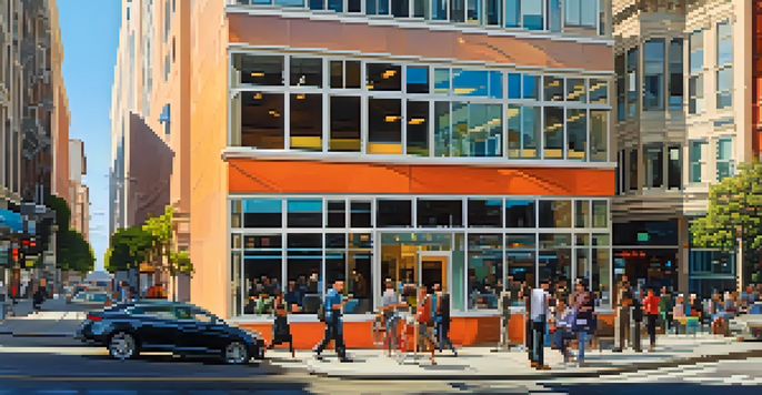 A lively street view in San Francisco with a startup office, modern buildings, and diverse people interacting.