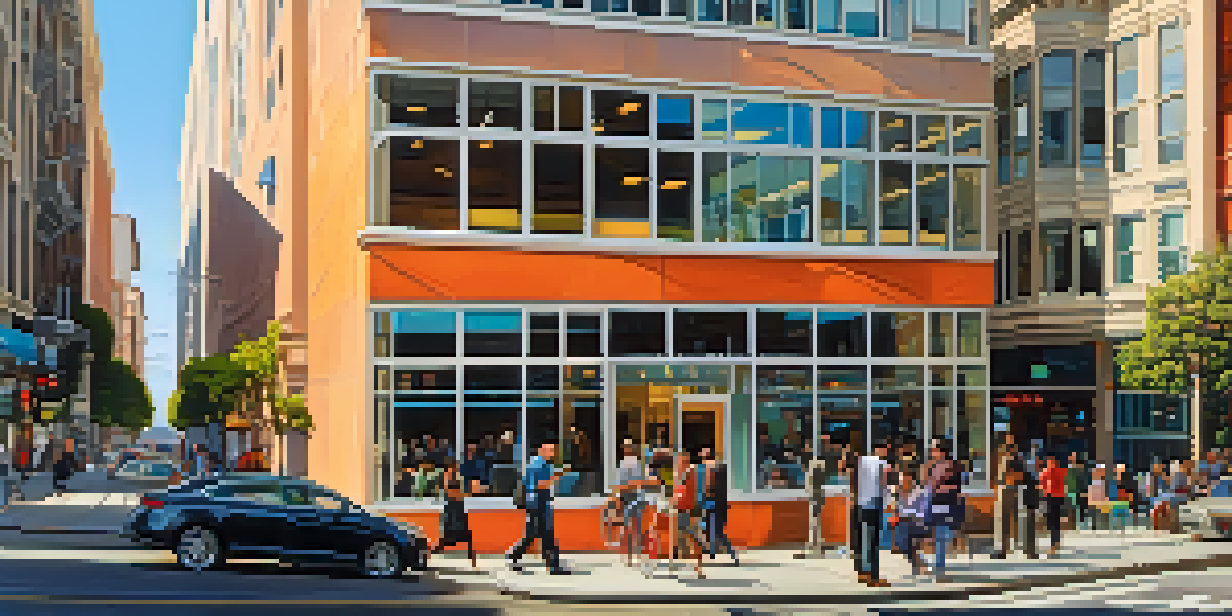 A lively street view in San Francisco with a startup office, modern buildings, and diverse people interacting.