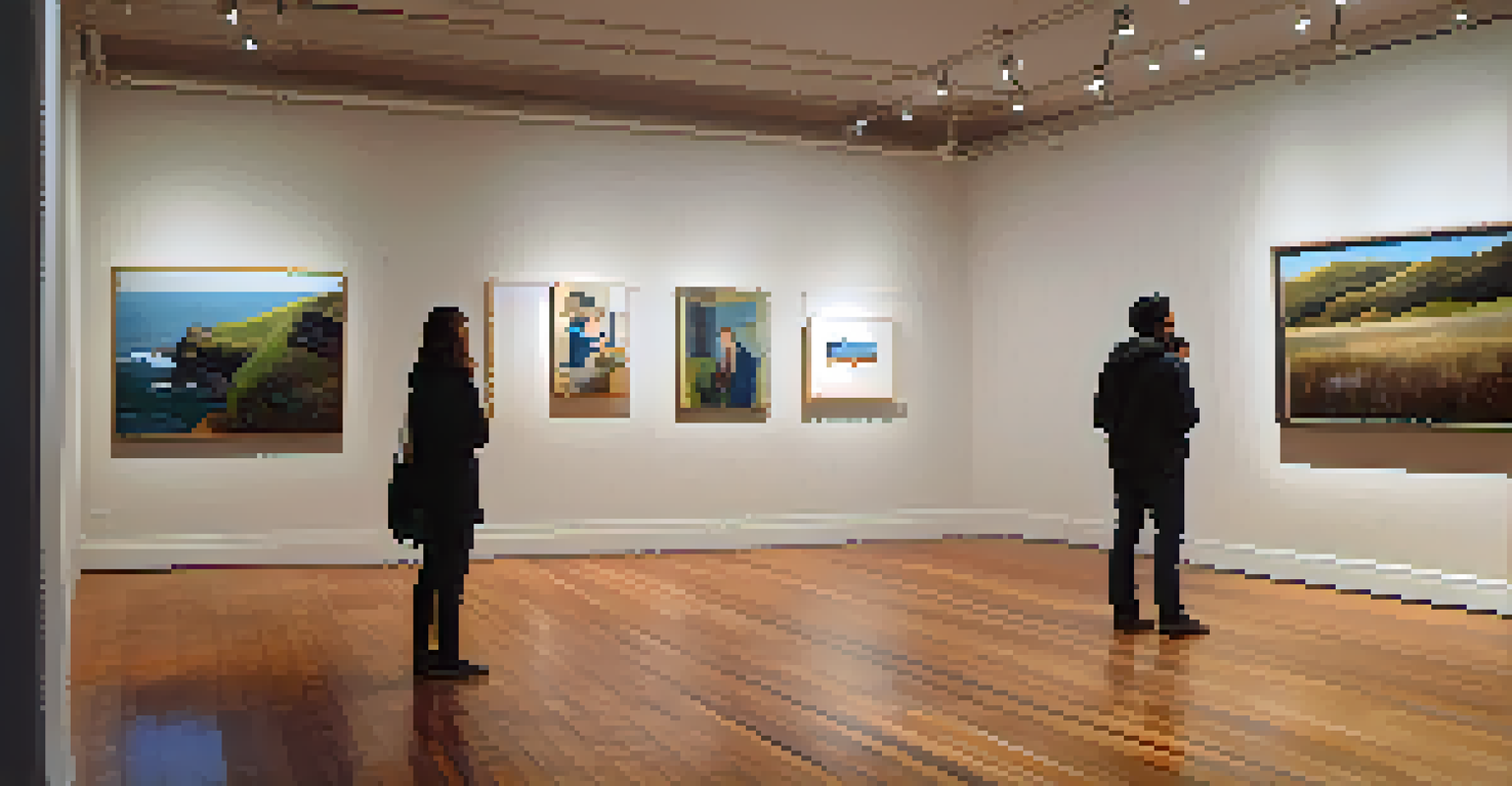 Interior of a cozy San Francisco art gallery with contemporary artworks and visitors interacting in a warm atmosphere.