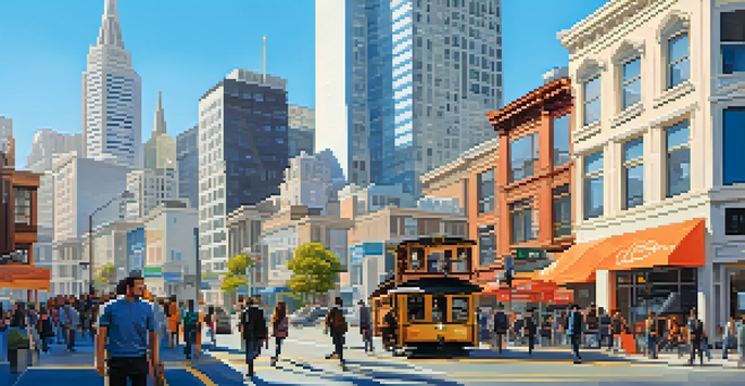 A lively San Francisco street with fintech startup offices and people using technology.