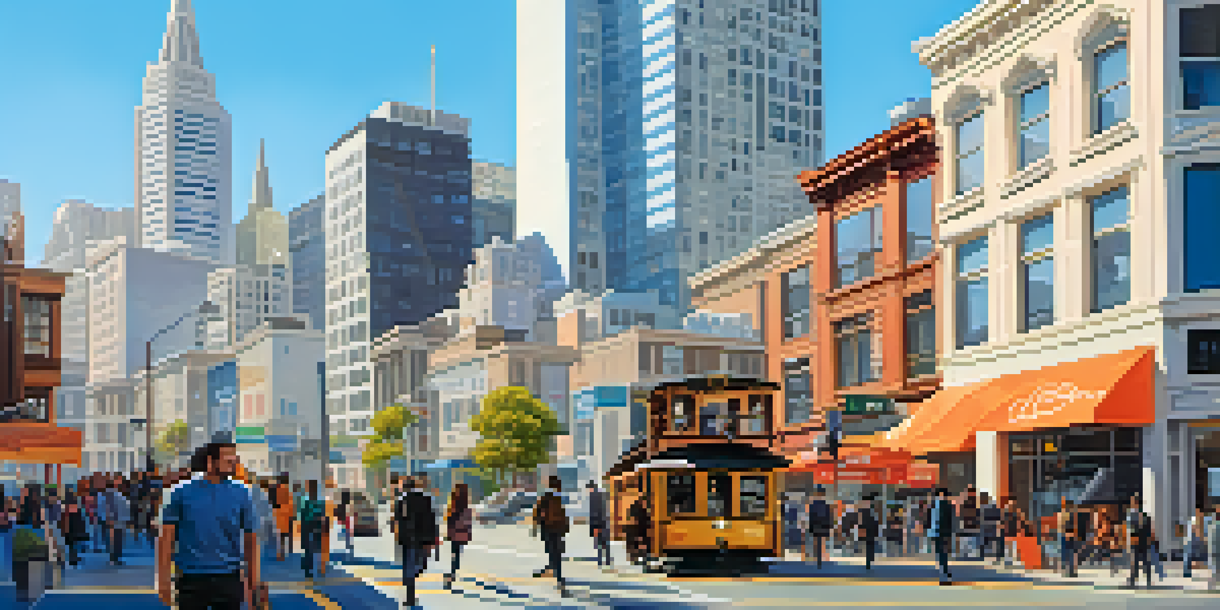 A lively San Francisco street with fintech startup offices and people using technology.