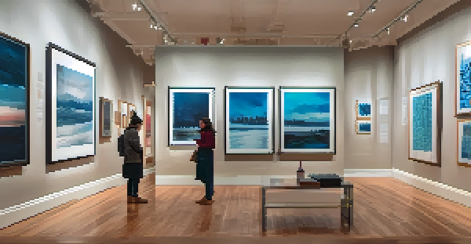 An art gallery in San Francisco showcasing a mix of traditional and digital artworks with visitors interacting with augmented reality displays.