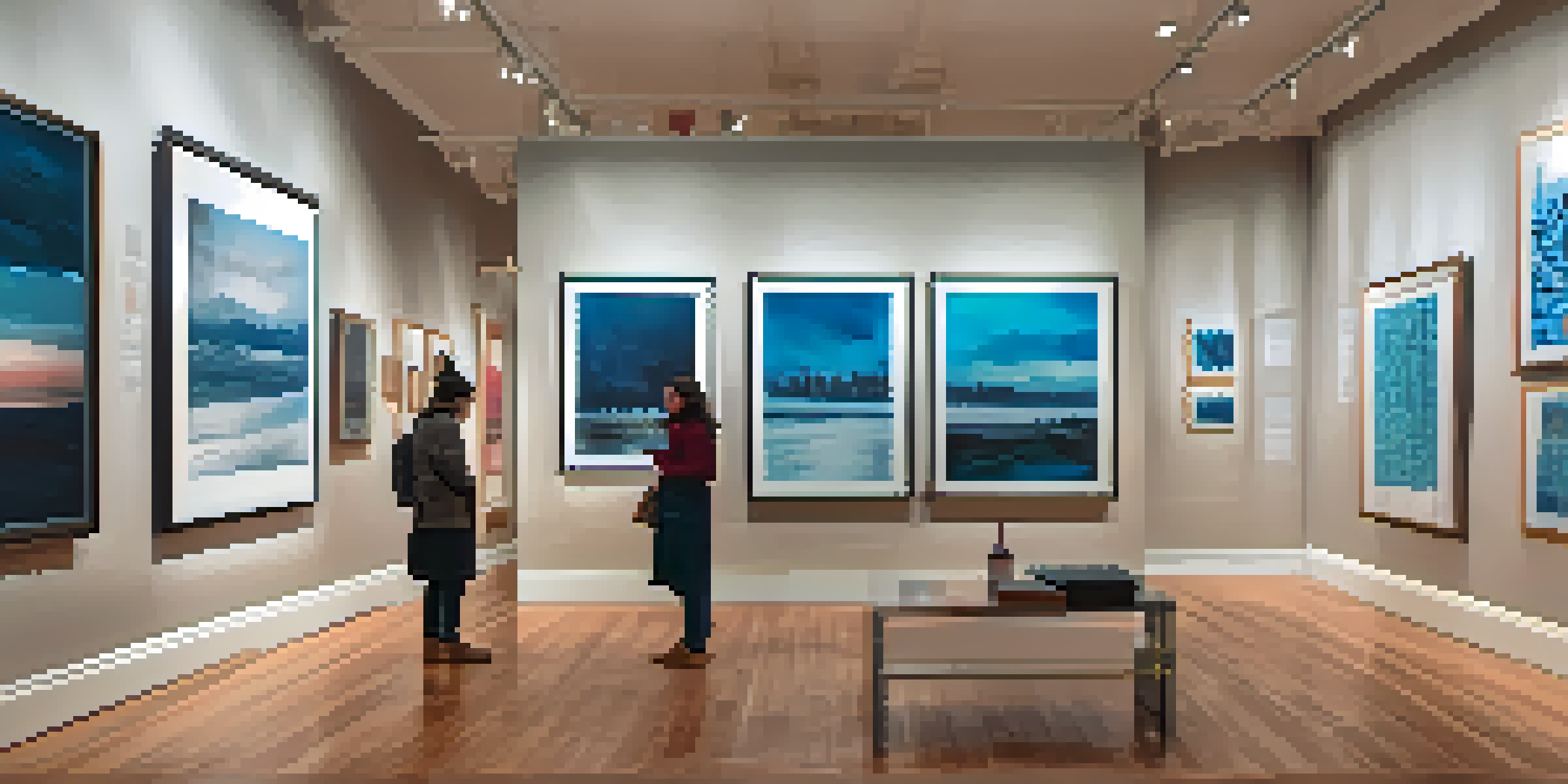 An art gallery in San Francisco showcasing a mix of traditional and digital artworks with visitors interacting with augmented reality displays.