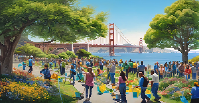 A community clean-up event in San Francisco, featuring diverse participants collecting litter in a sunny park with the Golden Gate Bridge in the background.