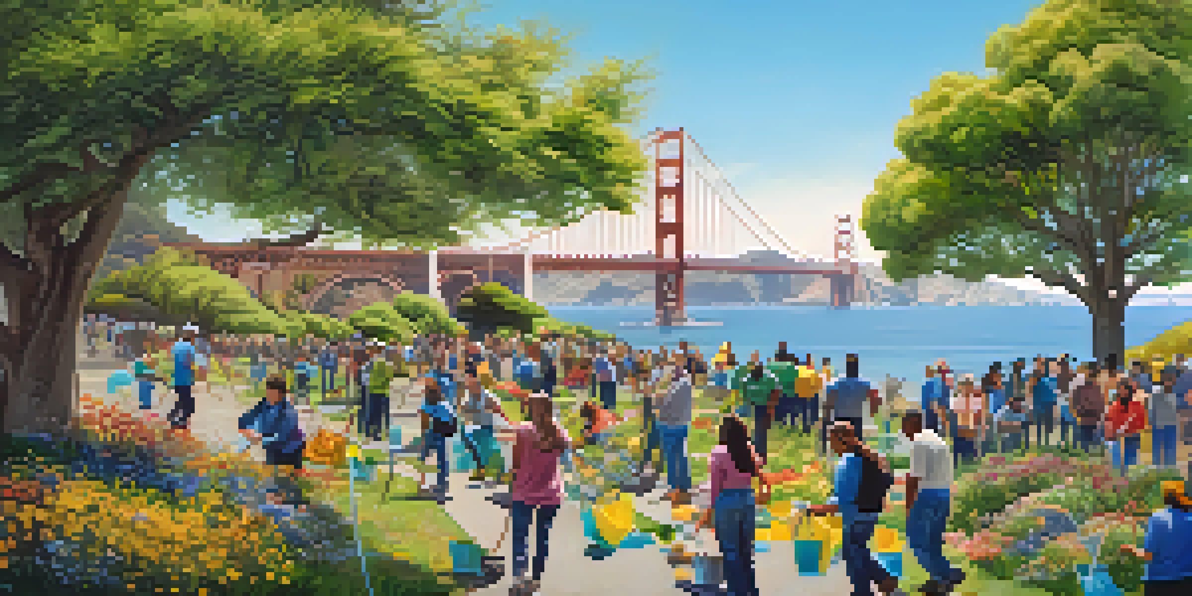 A community clean-up event in San Francisco, featuring diverse participants collecting litter in a sunny park with the Golden Gate Bridge in the background.
